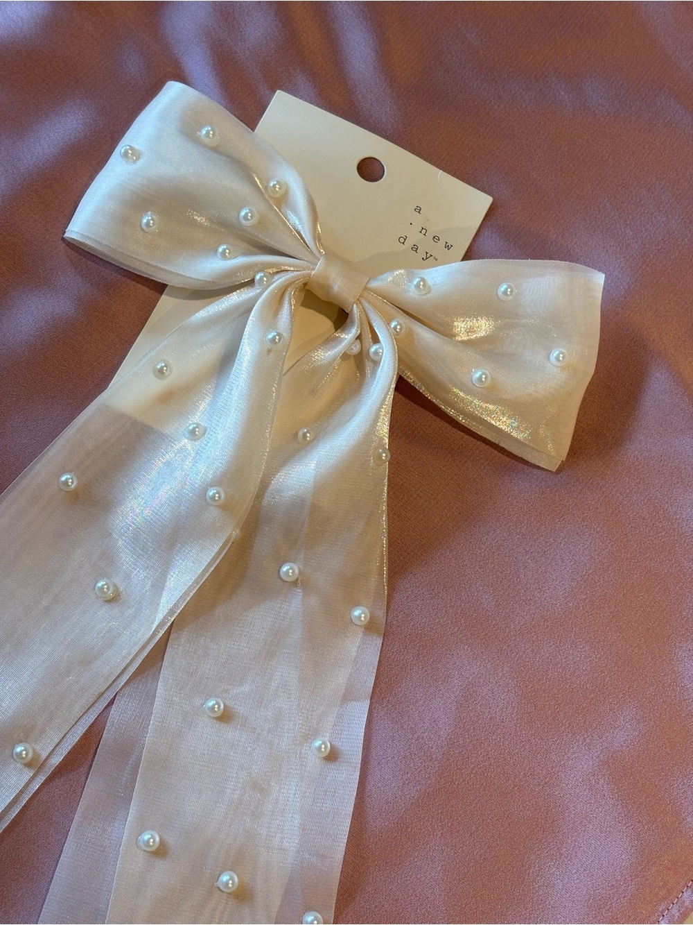 a new day Pearl-Studded Ivory Organza Bow Hair Clip